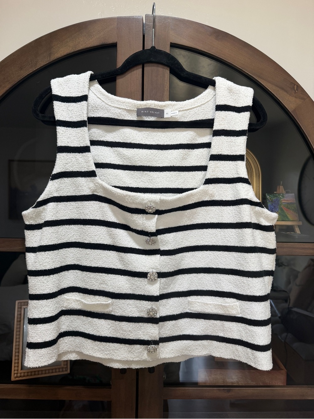 EUC Mint Velvet Sleeveless Black & White Striped Button-Front Sweater Vest